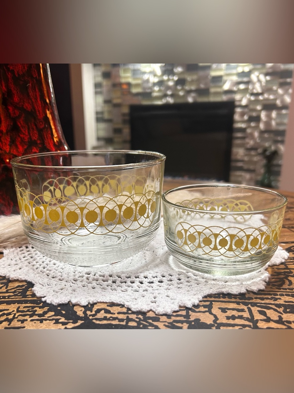 Vintage Mid Century Modern Clear Glass Nesting Bowls Set of 2 Mustard Yellow Geo
